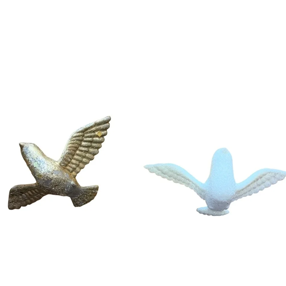Set of 2 Glitter Bird Ornaments Gold Leaf and White Sparkle Doves Holiday Decor